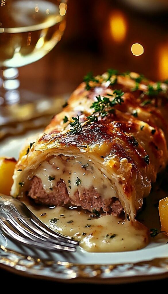 Golden beef Wellington with melted cheese, garnished with herbs, served with wine on an elegant plate.