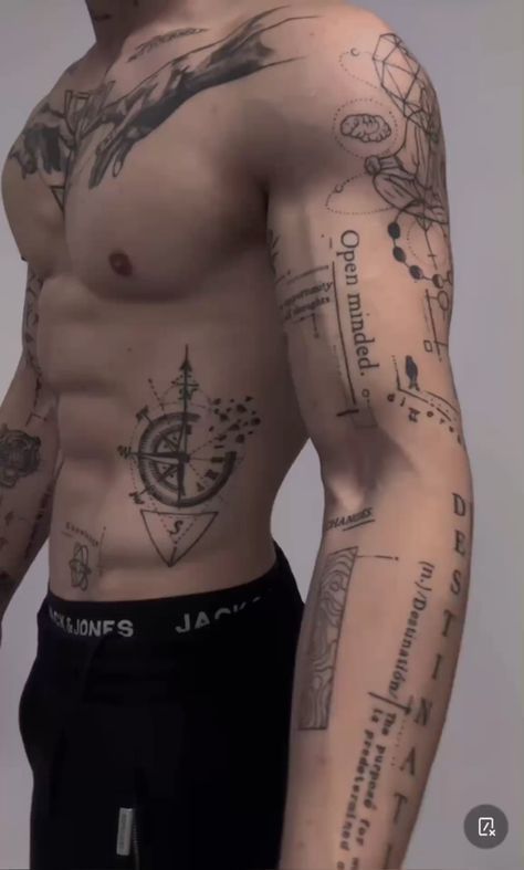 Tattooed male torso showcasing detailed geometric designs and inscriptions on arms and abdomen, wearing black shorts.