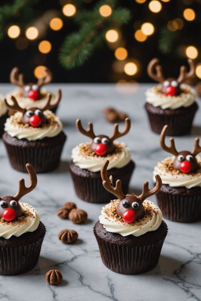 Festive reindeer cupcakes with chocolate antlers and red noses, perfect for Christmas celebrations.