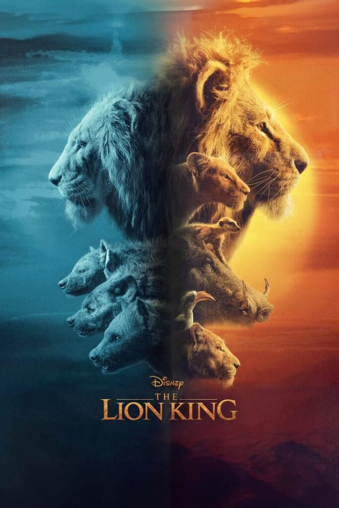 The Lion King 2019 poster featuring split blue and orange design with lions and other animals.