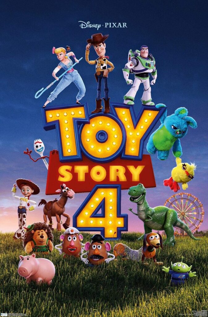 Toy Story 4 movie poster featuring iconic characters in a colorful grassy landscape.