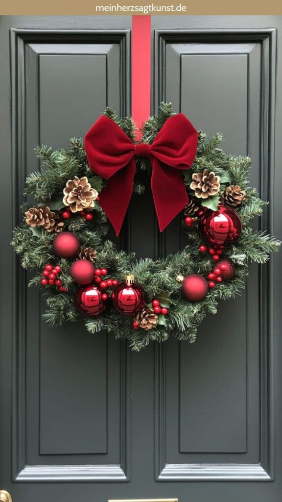 Festive Christmas wreath with red bow and ornaments on a dark green door.