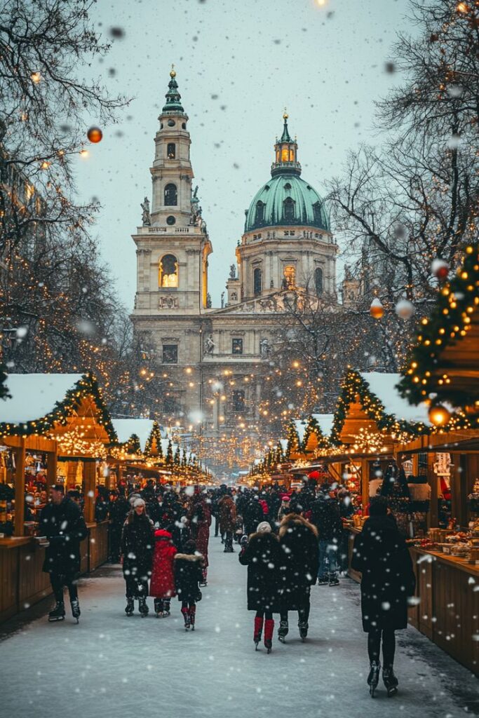 Snowy Christmas market scene with festive lights and people near a historic building.