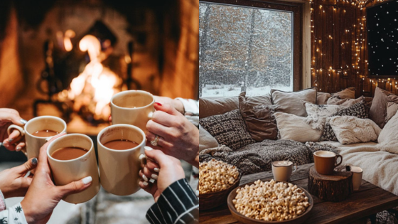 Cozy winter scene: friends enjoying hot cocoa by the fireplace and a snug, light-filled lounge with popcorn.