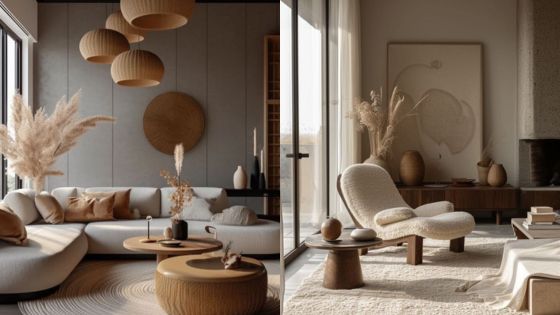 Modern neutral living room with cozy seating, round wooden tables, pampas grass, and soft lighting.