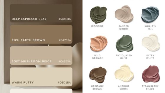 Color palette samples with hex codes for shades like Deep Espresso Clay, Rich Earth Brown, and Warm Putty.