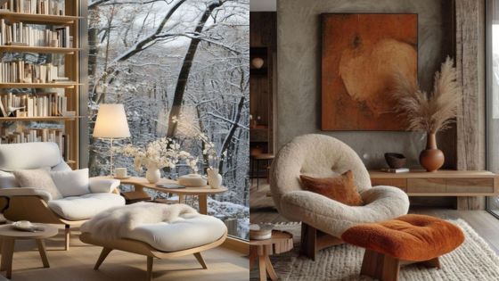 Cozy winter living room with stylish furniture, warm textiles, and a snowy forest view through a large window.