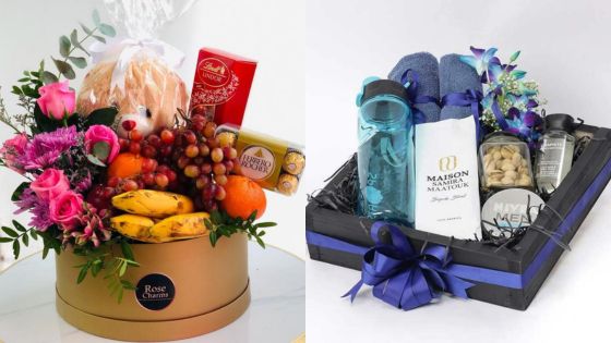 Gift baskets with flowers, fruits, snacks, and a water bottle, ideal for celebrations and special occasions.