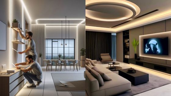 Modern living room and dining area with ambient lighting and stylish decor.