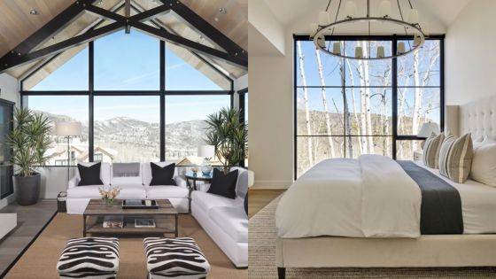 Modern living room and bedroom with large windows, elegant decor, and mountain views.