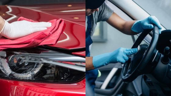 Car detailing process: polishing exterior with red cloth and cleaning interior steering wheel with gloves for a shiny finish.