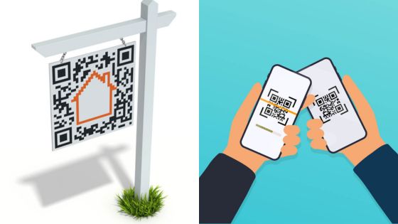 QR code on real estate sign and two smartphones with QR codes, symbolizing digital transactions and property listings.