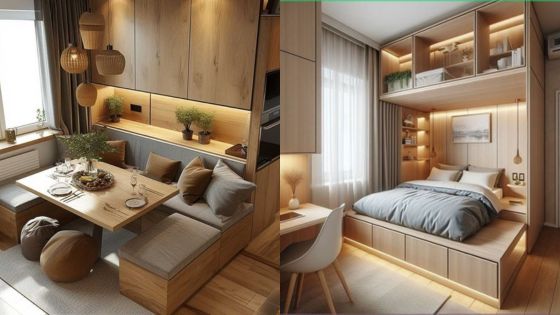 Modern cozy apartment with a stylish dining area and a compact bedroom, featuring warm wood accents and ambient lighting.