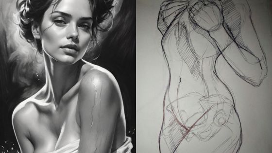 A grayscale portrait and abstract sketch of a woman, showcasing art in diverse styles and techniques.