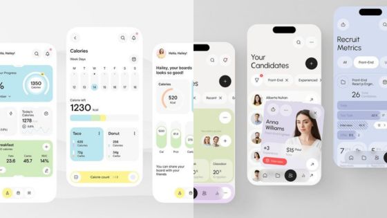 Mobile app interface showing calorie tracking, recruitment, and metrics features in a sleek, modern design layout.