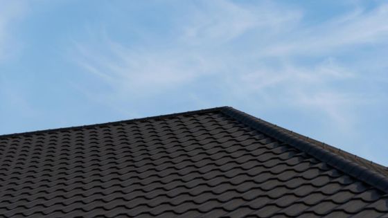 Dark roof shingles against a clear blue sky, illustrating durable roofing materials and modern construction.