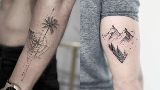 Two minimalist tattoos: one with a compass and palm tree, the other with mountains and trees on forearms.