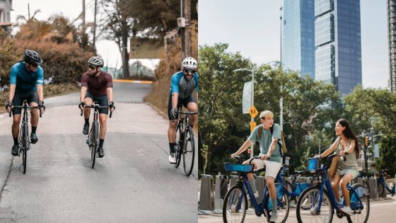 Cyclists enjoying outdoor rides in nature and urban settings, promoting health and sustainability.