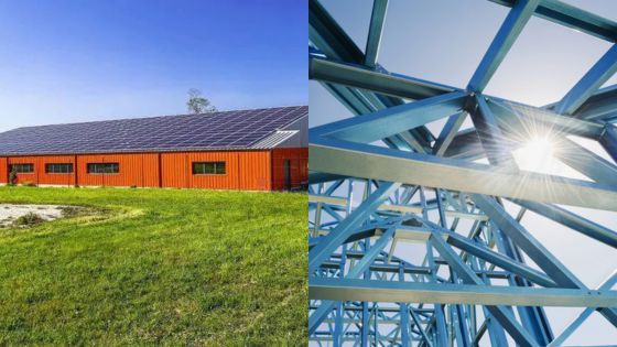 Modern building with solar panels and steel framework under sunny blue sky, showcasing sustainable construction.