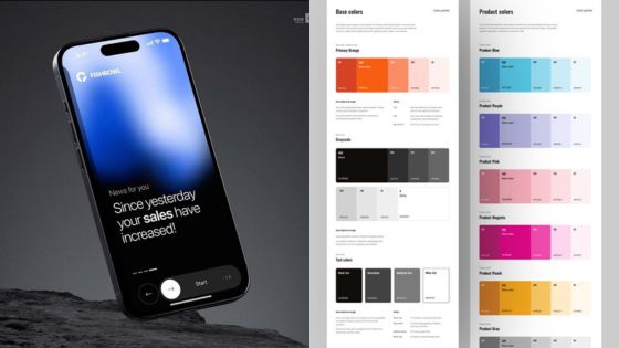 Smartphone displaying sales increase notification, next to a color palette chart for design inspiration.