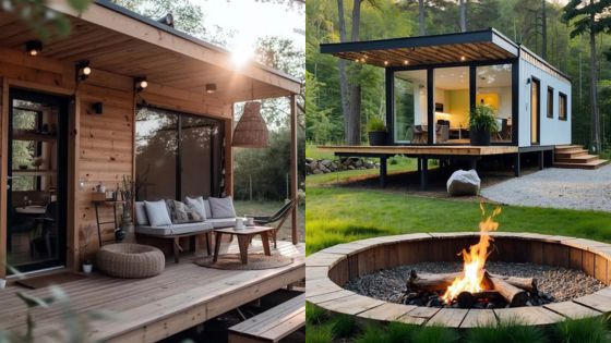 Modern tiny home with glass windows, wooden deck, and cozy fire pit in a serene forest setting.