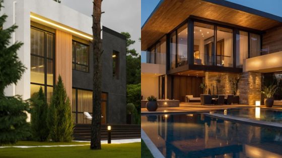 Modern luxury houses with large windows, lush greenery, and elegant outdoor lighting at dusk.