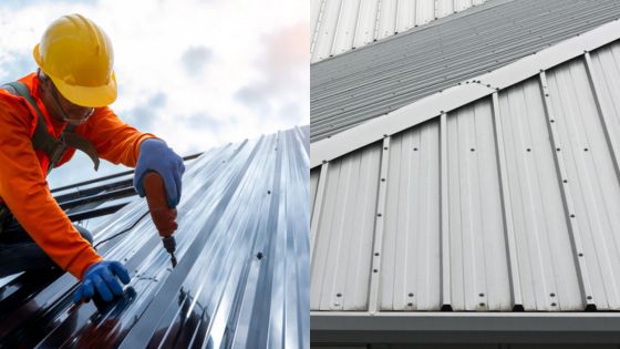 Construction worker installing metal roofing panels with a drill; close-up of finished metal roof details.