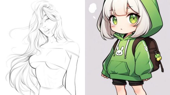 Sketch of a woman with flowing hair and a cute anime girl in a green hoodie with a backpack.