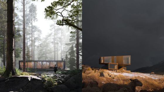 Modern forest retreat and hillside cabin at dusk, showcasing innovative architecture in nature.