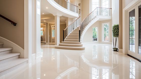 Luxurious foyer with grand staircase, elegant railings, and glossy marble floors in a spacious, well-lit home entrance.