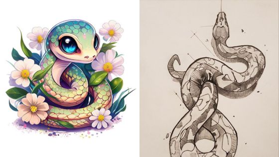 Cute colorful snake among flowers and detailed sketch of a coiled snake, showcasing artistic contrast.