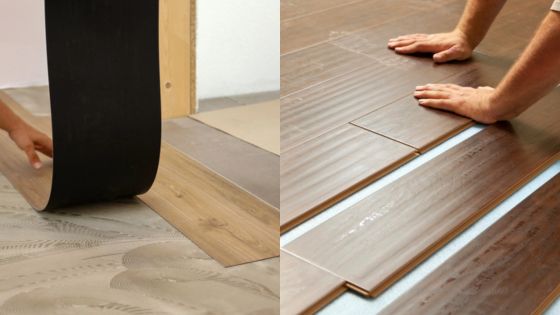 Comparing vinyl sheet flooring and laminate installation with hands laying planks.