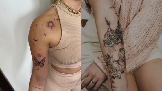 Two arm tattoos: one with celestial symbols and a butterfly, the other with floral and animal designs, showcasing artistic ink.