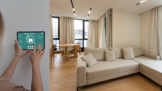 Contemporary living room with a smart home system tablet control on a wall, beige sofa, wooden floor, and large windows.