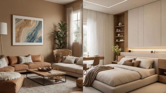 Modern living room and bedroom with cozy beige tones and stylish furniture.