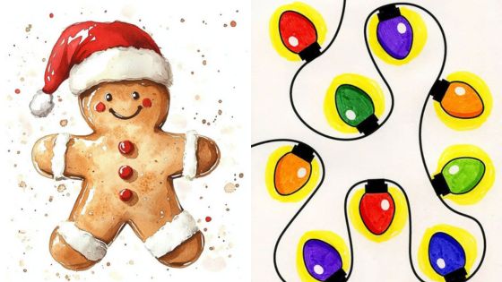 Festive watercolor gingerbread man with Santa hat and colorful Christmas lights on a white background.