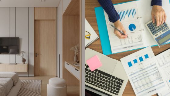 Minimalist bedroom and workplace desk with financial documents and charts, illustrating home and office balance.