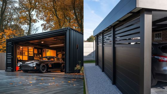 Modern black garage with vintage car, sleek design, and surrounding trees, showcasing upscale automotive storage.