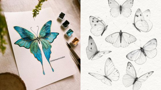 Watercolor butterfly art with vibrant blue tones alongside delicate black and white butterfly sketches.