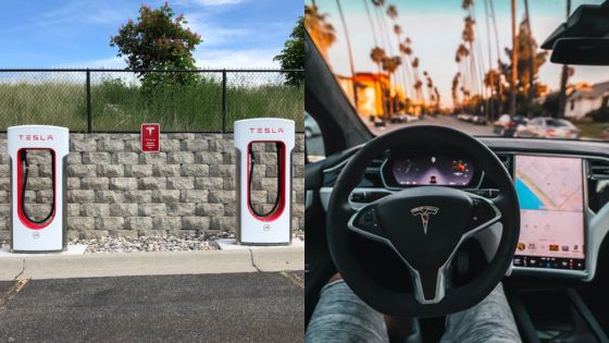 Tesla Supercharger and car interior, showcasing electric vehicle technology and modern driving experience.