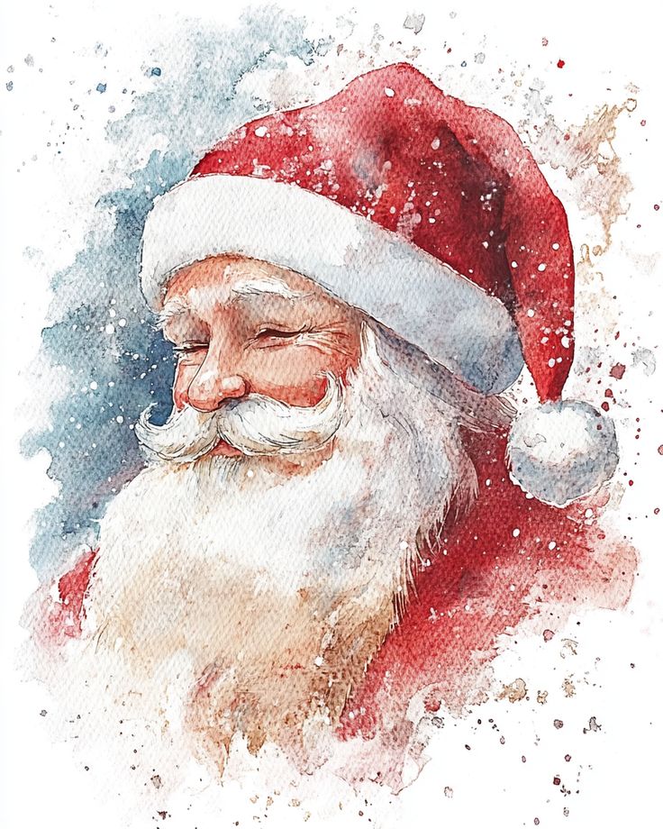 Watercolor painting of smiling Santa Claus wearing a red hat, surrounded by snowflakes and festive colors.