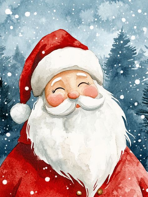 Watercolor illustration of smiling Santa Claus in snow, wearing a red hat and coat, with snowy pine trees in the background.