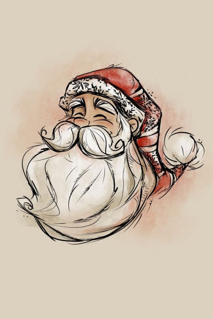 Cartoon Santa Claus with a big smile, wearing a red and white hat, sketch style on a beige background.