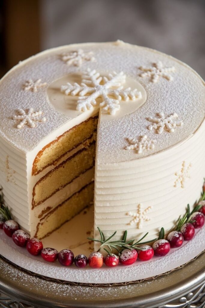 Festive vanilla cake with snowflake pattern and cranberries, slice cut to show layers, perfect for holiday celebrations.