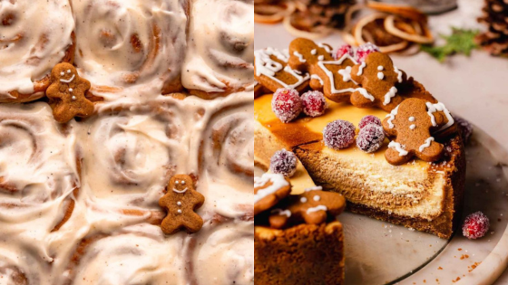 Cinnamon rolls and cheesecake topped with gingerbread cookies, perfect for a festive holiday dessert table.