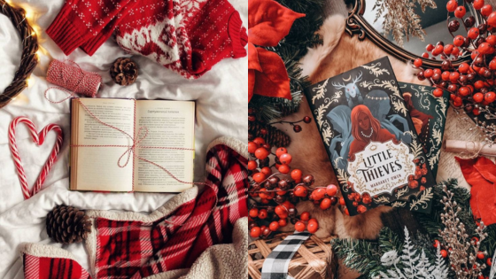 Cozy holiday book setup with festive decor, a red sweater, candy canes, and a novel, Little Thieves.