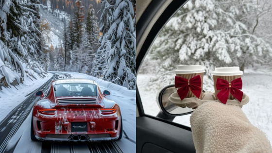 Red sports car driving through snowy forest and two coffee cups in a car with red bows. Cozy winter travel scene.