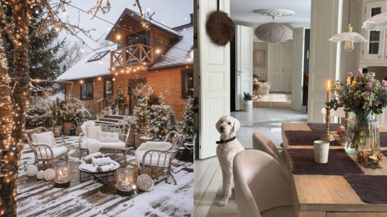 Cozy winter patio with lights and festive decor next to an inviting dining room featuring elegant candles and flowers.