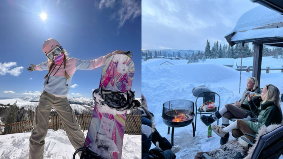 Snowboarder enjoying sunny slopes; friends relax by a cozy fire in snowy mountains. Winter adventure vibes.