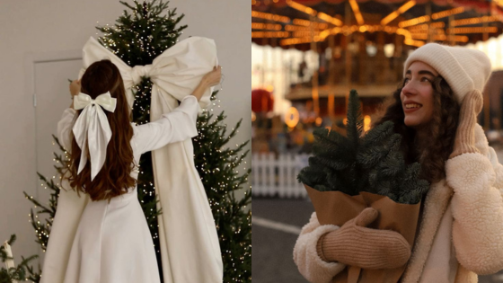 Woman decorates Christmas tree and holds mini tree in warm winter outfit at festive market.